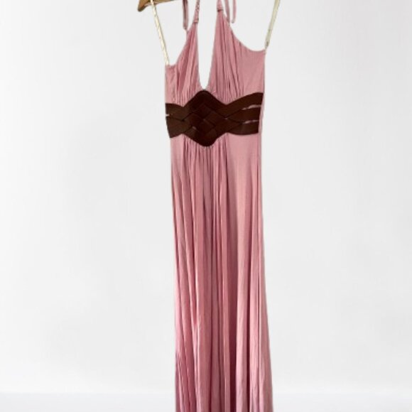 Sky Woven Leather Belt Plunge Tie Halter Neck Maxi Dress Sexy Pink‎ NEW Small - Picture 2 of 5